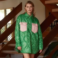 Autumn Winter Color Block Patchwork Cotton Jacket Women's Long Sleeve Shirt Collar Vintage Style Coat main image 1