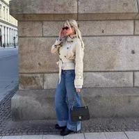 European Style Short Coat With Waist Buckle Women's Fashion Cotton Polyester Long Sleeve Stand Collar Printed Light Maturity main image 1
