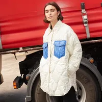 Autumn Winter Color Block Patchwork Cotton Jacket Women's Long Sleeve Shirt Collar Vintage Style Coat main image 3