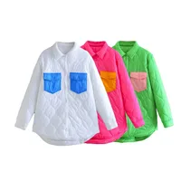 Autumn Winter Color Block Patchwork Cotton Jacket Women's Long Sleeve Shirt Collar Vintage Style Coat main image 4