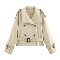 European Style Short Coat With Waist Buckle Women's Fashion Cotton Polyester Long Sleeve Stand Collar Printed Light Maturity main image 3