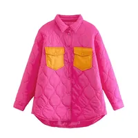 Autumn Winter Color Block Patchwork Cotton Jacket Women's Long Sleeve Shirt Collar Vintage Style Coat sku image 6