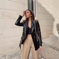 Elegant PU Leather Suit Jacket Women's Fashion Outerwear European Style Long Sleeve Short Coat Pure Color Double Breasted main image 3