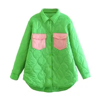 Autumn Winter Color Block Patchwork Cotton Jacket Women's Long Sleeve Shirt Collar Vintage Style Coat sku image 3