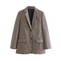 European Style Women's Plaid Woolen Coat Flocking Design Long Sleeve V-Neck Loose Fit Commute Fashion Single Button sku image 4