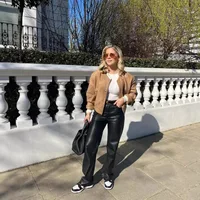 Women's Casual Double Pocket Stand Collar Motorcycle Flight Jacket Outerwear Color Block Long Sleeve Oversized Baseball Vest main image 2