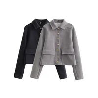 Fashionable Soft Metal Buckle Decorative Jacket Elegant Long Sleeve Short Length Polyester Women's Outerwear Pure Color main image 3