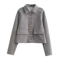 Fashionable Soft Metal Buckle Decorative Jacket Elegant Long Sleeve Short Length Polyester Women's Outerwear Pure Color main image 4