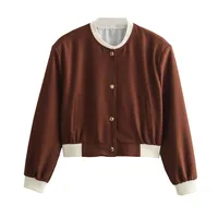 Women's Casual Double Pocket Stand Collar Motorcycle Flight Jacket Outerwear Color Block Long Sleeve Oversized Baseball Vest sku image 14