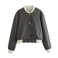 Women's Casual Double Pocket Stand Collar Motorcycle Flight Jacket Outerwear Color Block Long Sleeve Oversized Baseball Vest sku image 6
