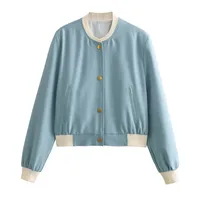 Women's Casual Double Pocket Stand Collar Motorcycle Flight Jacket Outerwear Color Block Long Sleeve Oversized Baseball Vest sku image 10