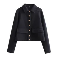 Fashionable Soft Metal Buckle Decorative Jacket Elegant Long Sleeve Short Length Polyester Women's Outerwear Pure Color sku image 5