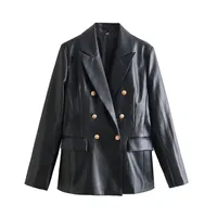 Elegant PU Leather Suit Jacket Women's Fashion Outerwear European Style Long Sleeve Short Coat Pure Color Double Breasted sku image 4