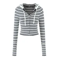 Indigo Striped Zipper Knitted Hoodie Pants Women's Fashion Casual Set Street Style High Street Polyester Fabric No Sleeve main image 3