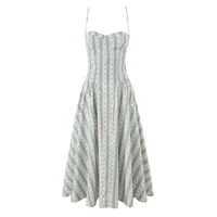 Elegant Green Striped Print 3D Steel Ring Waist Cinched Pleated Dress European Women's Fashion Floral Design V-neck Sleeveless Ankle-length main image 2