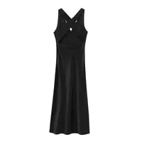 Elegant European Women's Fashion Neckline Backless Split Long Dress V-neck Sleeveless Ankle-length Pure Color Polyester Dress main image 3