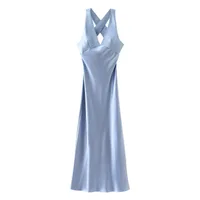 Elegant European Women's Fashion Neckline Backless Split Long Dress V-neck Sleeveless Ankle-length Pure Color Polyester Dress sku image 11