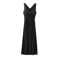 Elegant European Women's Fashion Neckline Backless Split Long Dress V-neck Sleeveless Ankle-length Pure Color Polyester Dress sku image 5