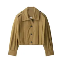 Elegant High Collar Pleated Decorative Coat  Women's Fashion Pure Color Polyester Long Sleeve Short Coat main image 3