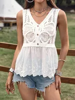 Elegant Butterfly Spring Style Single Button Wide Lace Trim Embroidery Casual V-neck Regular Fit Women's Vest Polyester Fabric main image 2