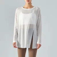 Lightweight Long Sleeve Yoga Cover Up Top For Women Running Fitness Loose Fit Sportswear Summer Thin Single Side Slit Design sku image 7