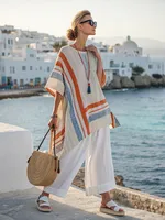 Fashionable Casual Color Block Wide Leg Pants Two Piece Set Round Neck Short Sleeve Tailored Suiting Loose Fit Women's Ensemble main image 4