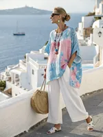 Fashionable Casual Color Block Wide Leg Pants Two Piece Set Round Neck Short Sleeve Tailored Suiting Loose Fit Women's Ensemble main image 3