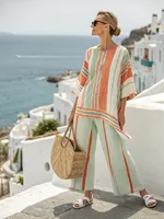 Fashionable Casual Color Block Wide Leg Pants Two Piece Set Round Neck Short Sleeve Tailored Suiting Loose Fit Women's Ensemble main image 2