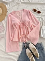 Fashionable Ladies Solid Color Versatile Top Women's Polyester Fabric Long Sleeve V-neck Autumn Winter Classic Style Shirt main image 5