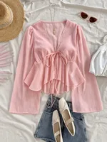 Fashionable Ladies Solid Color Versatile Top Women's Polyester Fabric Long Sleeve V-neck Autumn Winter Classic Style Shirt main image 3