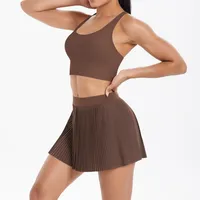 Cross Back Mini Skirt Set Running Fitness Training Yoga Clothes Pure Color Brushed Tight Two Piece Set For Sports And Fitness main image video