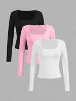 Comfortable Long Sleeve Solid Color Collar T-Shirt Women's Fashion Essential Classic Design Versatile Casual Wear Polyester Fabric sku image 1