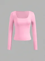 Comfortable Long Sleeve Solid Color Collar T-Shirt Women's Fashion Essential Classic Design Versatile Casual Wear Polyester Fabric main image 3