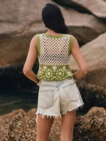 Embroidered Hollow Out Short Vest Top Women's Casual Style Spring Summer Autumn Polyester Fabric Backless Round Neck Geometric Floral main image 2