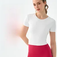 Sexy Back Yoga Fitness Top Women's Short Sleeve T-Shirt Slimming Waist Exposed Sportswear Casual Wear Nylon Spandex Blend sku image 9