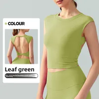 Spring Summer Yoga Short Sleeve Women's Fixed Chest Pad Sexy Backless Short Sport T-Shirt Waist Shaping Slimming Fitness Vest sku image 1