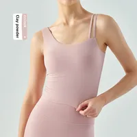 Women's Long Slim Fit Yoga Vest Fitness Clothing Pure Color Back Exposing Design Half Fixed Waterdrop Cup Design sku image 10