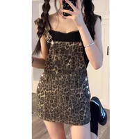 Retro American Washed Leopard Print Denim Overalls Women's Shorts High Waist Spring Summer New Style Slim Fit Cute Holiday Style main image 2