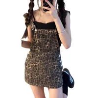 Retro American Washed Leopard Print Denim Overalls Women's Shorts High Waist Spring Summer New Style Slim Fit Cute Holiday Style main image 5