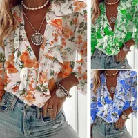 Loose V-neck Printed T-shirt Women's Fashion Summer Shirt Lace Trim Overhead Style Long Sleeve Geometric Patterned Commute Wear main image 1