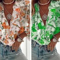 Loose V-neck Printed T-shirt Women's Fashion Summer Shirt Lace Trim Overhead Style Long Sleeve Geometric Patterned Commute Wear main image 2