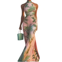 Elegant High Waist Printed Maxi Dress Sexy Sleeveless Necktie European Style Women's Fashion Dress Geometric Pattern Commute Style main image 5