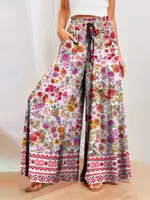 Fashionable Bohemian Print Casual Pants For Women Spring Summer New Arrival Vacation Style Elastic Micro Stretch Four Way Fabric sku image 4