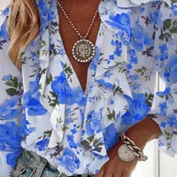Loose V-neck Printed T-shirt Women's Fashion Summer Shirt Lace Trim Overhead Style Long Sleeve Geometric Patterned Commute Wear sku image 5