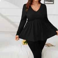 International Station Plus Size Women's V-neck Long-Sleeved T-shirt Autumn And Winter Elegant Fashionable All-Match Slim Top For Women main image 2