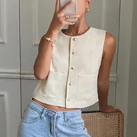 Sleeveless Short Vest Top Button Design Summer Fashion Casual Round Neck Polyester Fabric Coat With Pockets main image 1