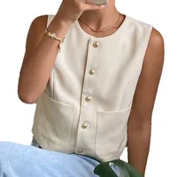 Sleeveless Short Vest Top Button Design Summer Fashion Casual Round Neck Polyester Fabric Coat With Pockets main image 5