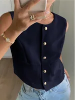 Sleeveless Short Vest Top Button Design Summer Fashion Casual Round Neck Polyester Fabric Coat With Pockets sku image 7