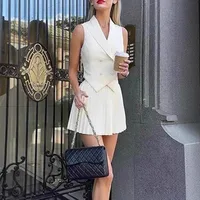 Fashion Summer Women's Casual Suit, Pleated Mini Skirt With Lapel Vest, Elegant Style, Comfortable Polyester Fabric main image 1