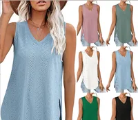 Casual V-neck Sleeveless Hollow T-shirt Women's Summer Spring New Hollow Lace Trim T-shirt Loose Design Commuter Style main image 1